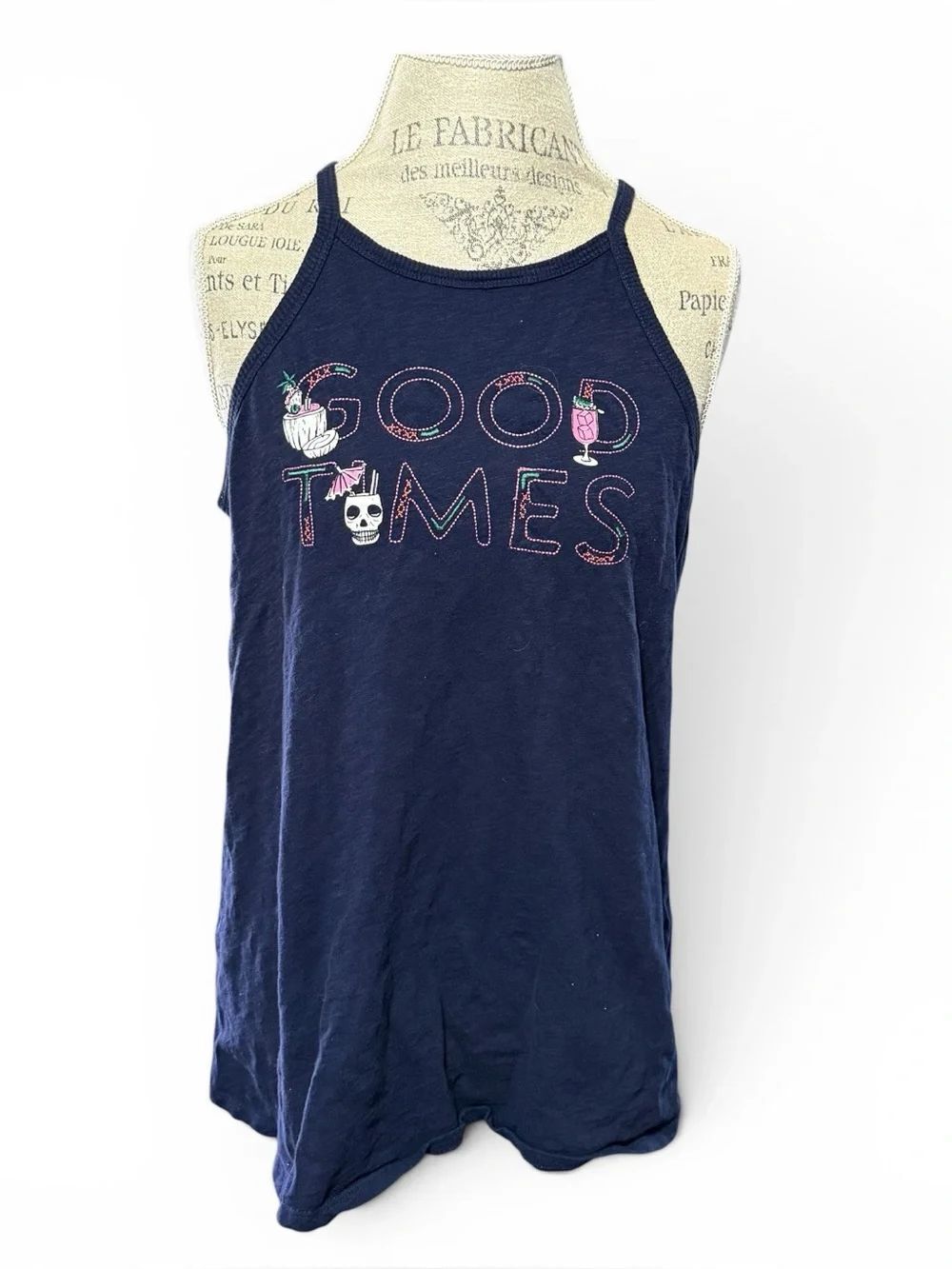 Torrid Navy Blue Tank Top With Beaded "GOOD TIMES" Graphic Cocktail and Skull L